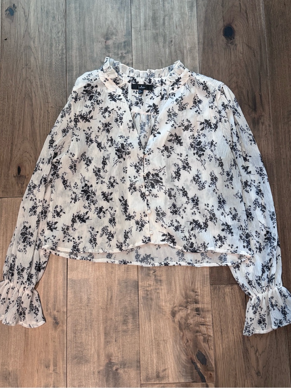 Lulu's White Floral Ruffle-Trim Button Blouse